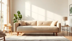 Comfortable sofa bed in a stylish living room, showcasing its cozy design and elegant features.