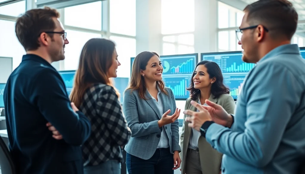 Engaged team analyzing strategies on screens at https://www.fire85.com in a modern workspace.