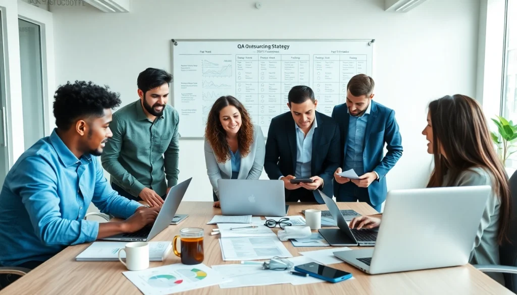 Engaged professionals collaborating in QA outsourcing strategy development in an inspiring office environment.