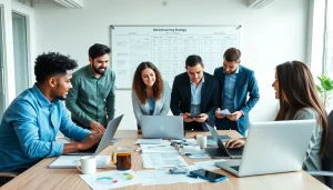 Engaged professionals collaborating in QA outsourcing strategy development in an inspiring office environment.