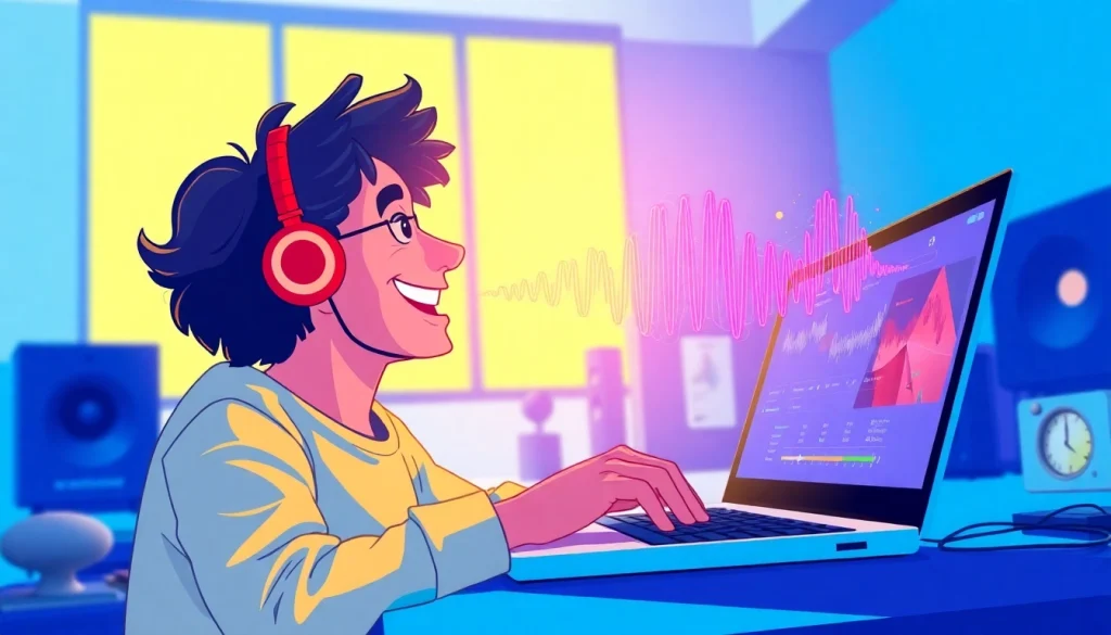 Enjoy MP3 download as a person smiles while accessing music on a laptop.