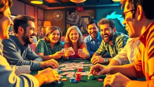 The players actively engaging in Rummy nabob at a vibrant table, showcasing joyous expressions and colorful cards.