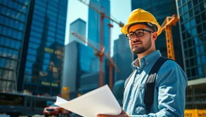 New York City Construction Manager reviewing blueprints at a busy urban job site.