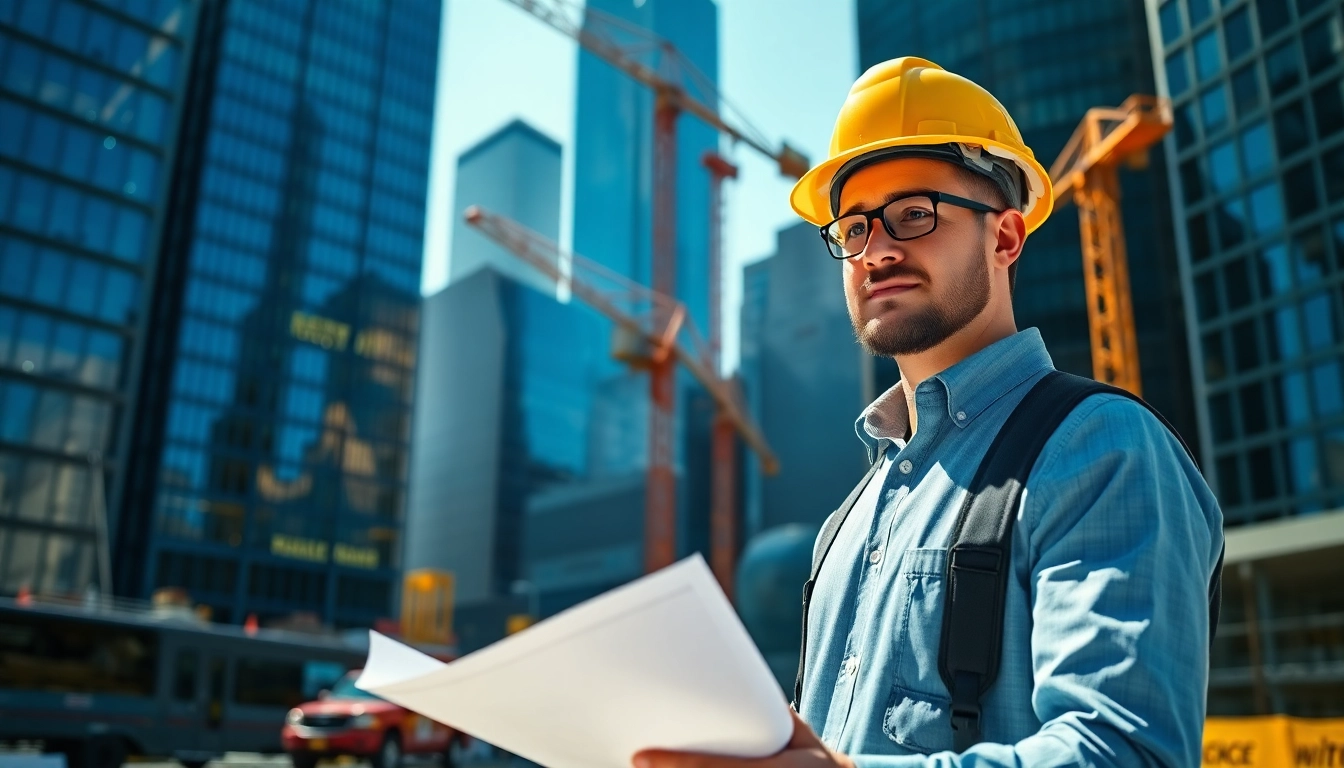 New York City Construction Manager reviewing blueprints at a busy urban job site.