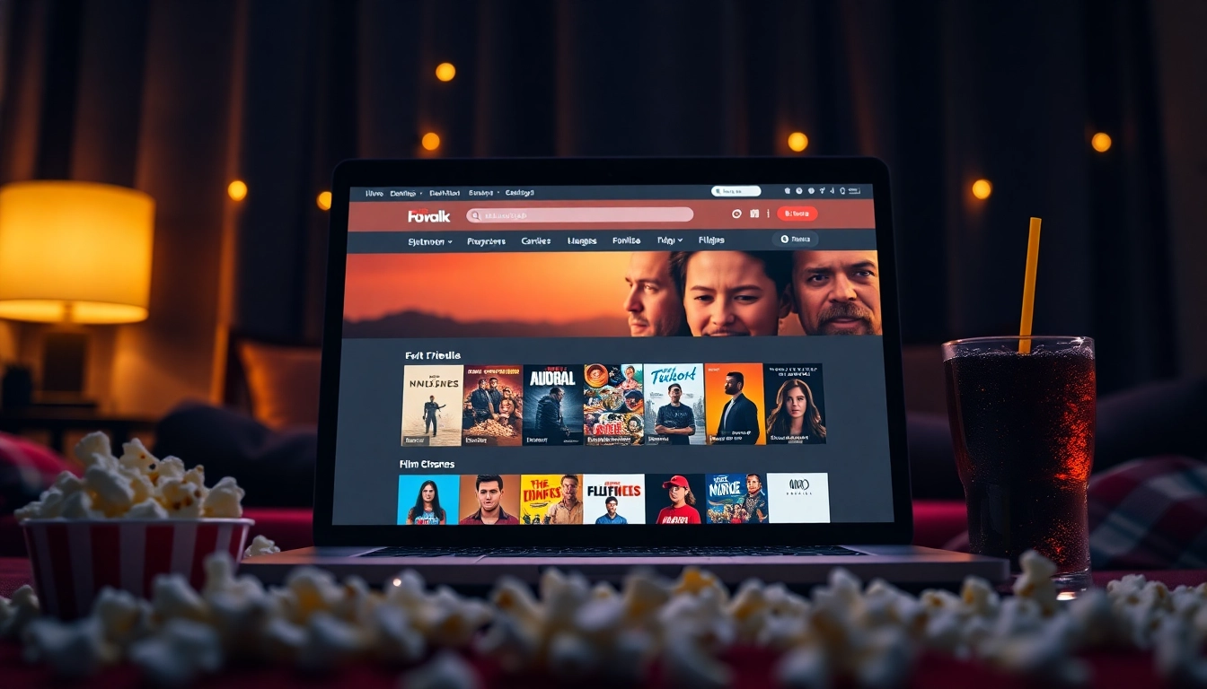 Engaging user view of https://bandarlayarkaca21.com featuring a sleek laptop and cozy movie night items.