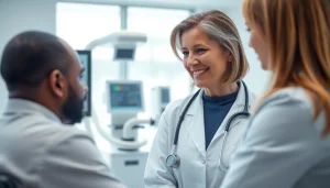 Engaging healthcare professional discusses Health with a patient in a modern clinic setting.