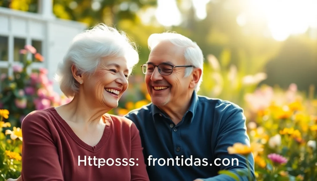 Engaging elderly couple in a sunlit garden at https://frontidas.com, sharing joyful moments.