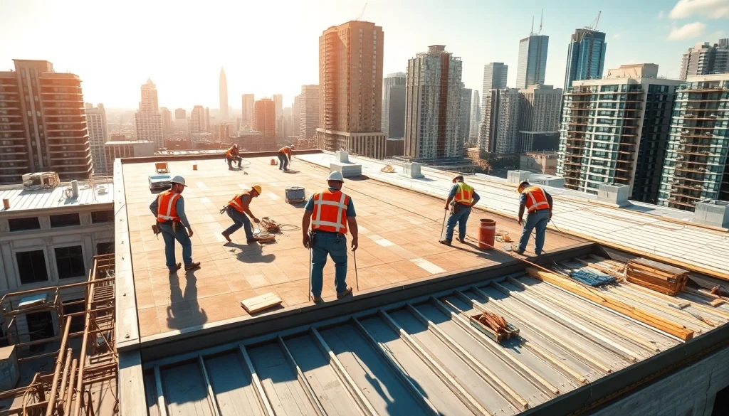 Showcasing commercial roofing services with a skilled team working on a flat roof in an urban environment.