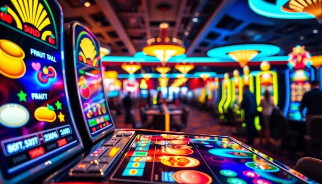 Menggambarkan permainan sayapbola slot dengan mesin slot berwarna cerah dan lampu neon menarik.