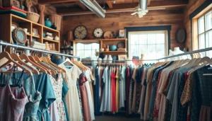 Shop unique vintage treasures at https://thrift-vintage.com showcasing colorful clothing displays.