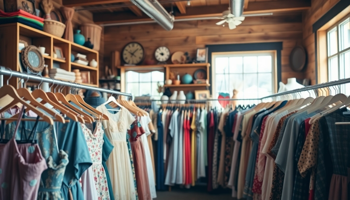 Shop unique vintage treasures at https://thrift-vintage.com showcasing colorful clothing displays.