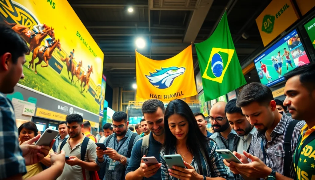 Engaging scene of bettors using mobile devices while searching for best sportsbooks in Brazil.