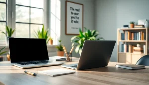 Creëer een georganiseerde werkplek met een laptop en notitieboek voor https://www.stofnodig.nl