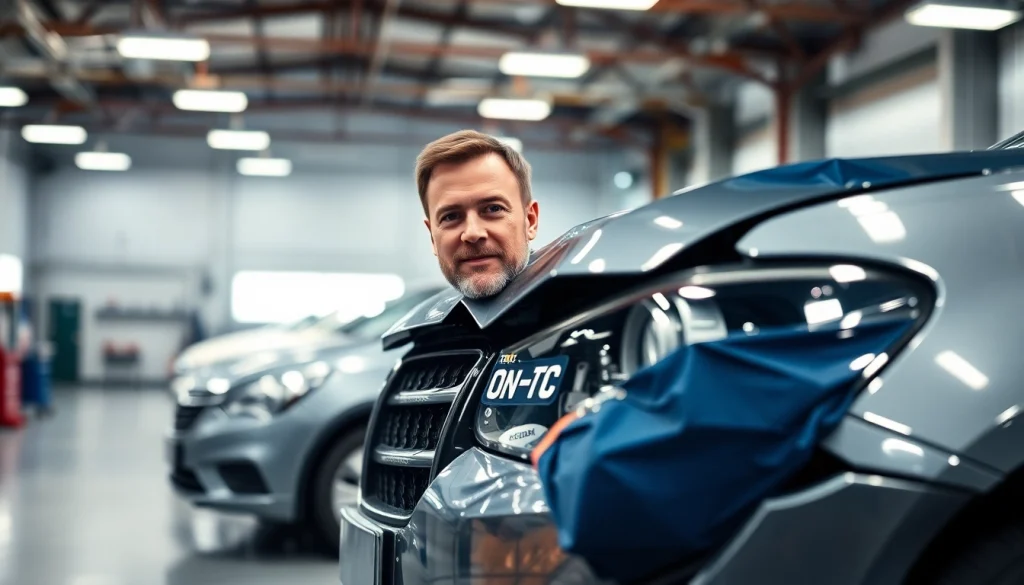 KFZ Gutachter Aachen bewertet sorgfältig den Schaden eines Fahrzeugs in einer Werkstatt mit professionellem Blick.