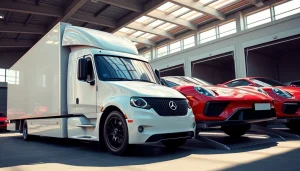 Car shipping process with luxury vehicles being loaded onto a modern carrier truck.