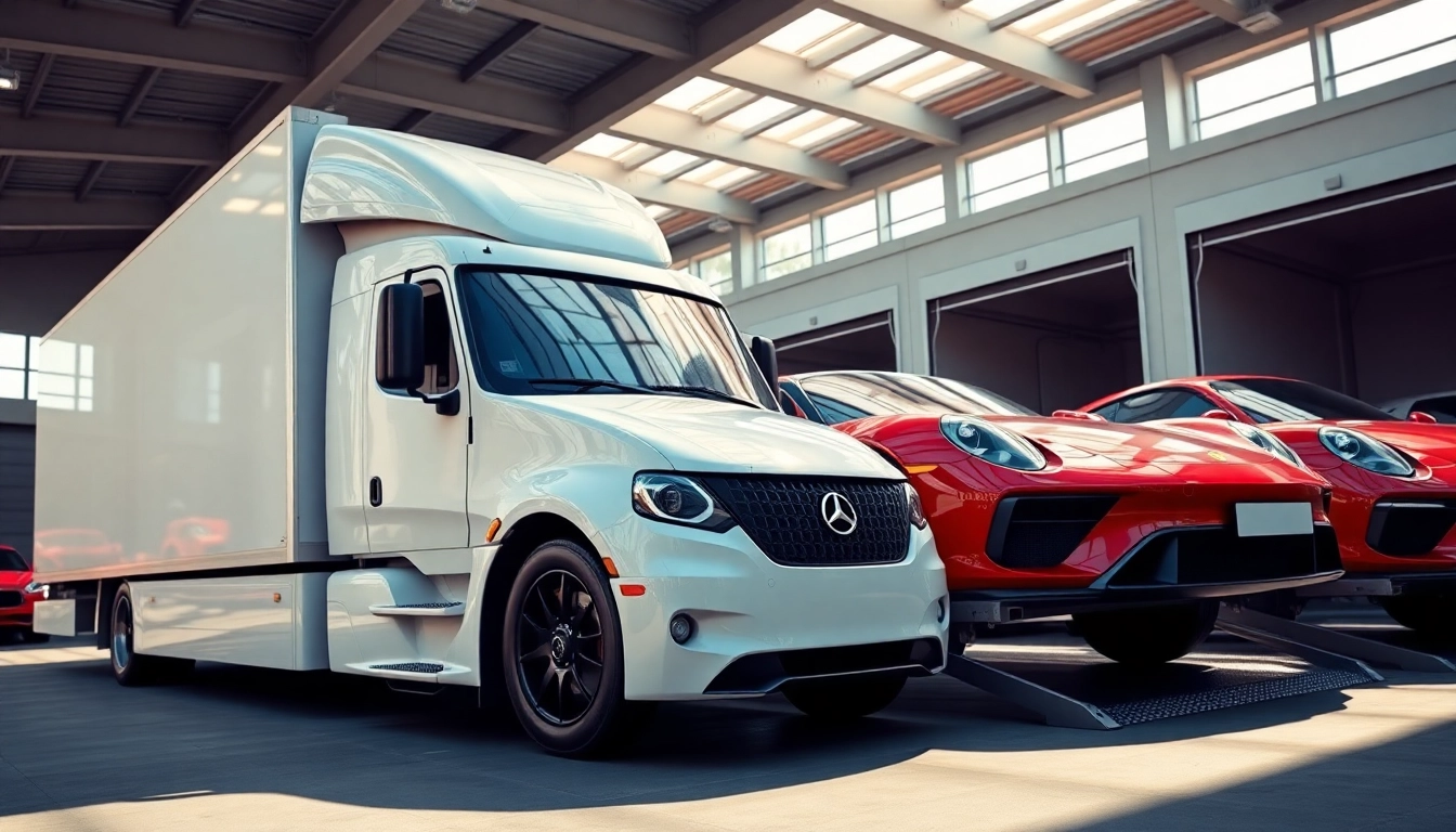 Car shipping process with luxury vehicles being loaded onto a modern carrier truck.
