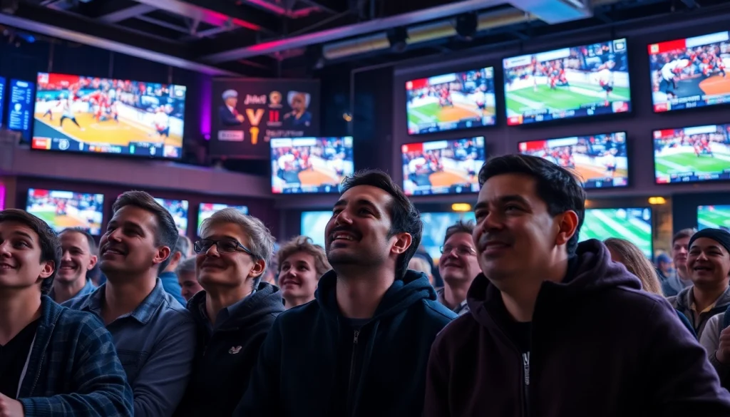 실시간 스포츠중계를 즐기는 관중들의 밝은 표정과 분위기