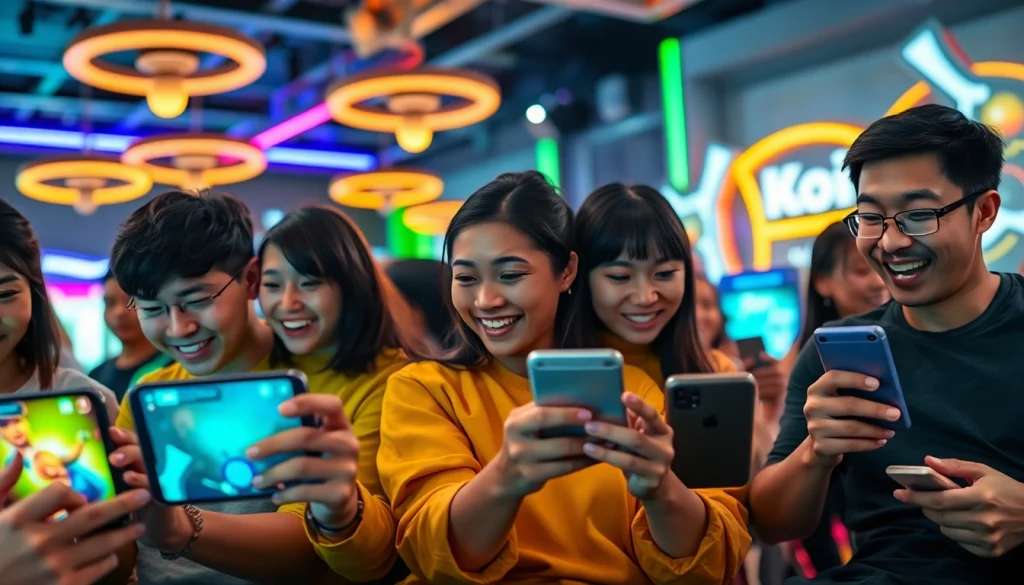 Menampilkan pemain yang bersemangat saat bermain koi800 game di perangkat mobile mereka dengan fitur interaktif.
