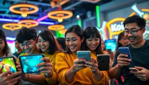 Menampilkan pemain yang bersemangat saat bermain koi800 game di perangkat mobile mereka dengan fitur interaktif.