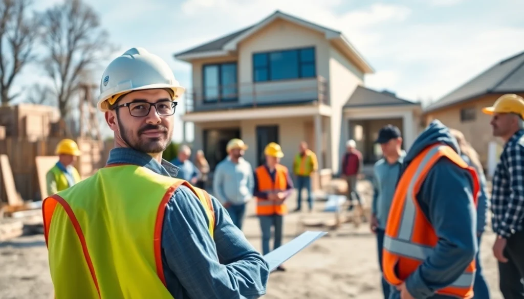 New Jersey General Contractor discussing plans on a construction site with workers.