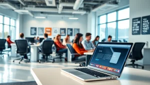 Enhance your skills at a bustling typing center with modern technology and focus.