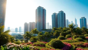 Showcasing international real estate development with modern architecture and lush landscaping.