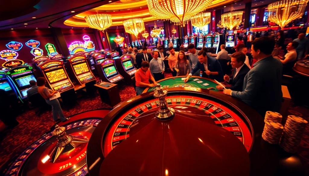 Exciting casino scene featuring a roulette wheel, celebrating wins at https://okfun.center/.