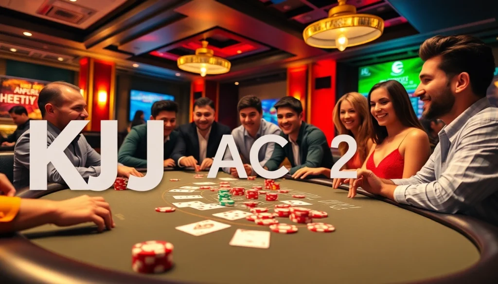 KJC AC 2 features a thrilling online casino scene with exciting card gameplay, vibrant chips, and diverse players.
