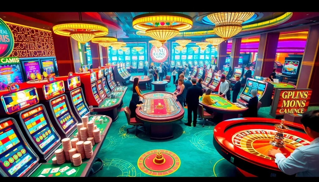 Experience the vibrant gambling world of KJC AC 1 with players enjoying casino tables and slot machines.