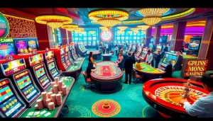 Experience the vibrant gambling world of KJC AC 1 with players enjoying casino tables and slot machines.