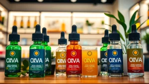 Oxva Liquid in stylish vape shop setting, showcasing vibrant flavors and quality bottles.