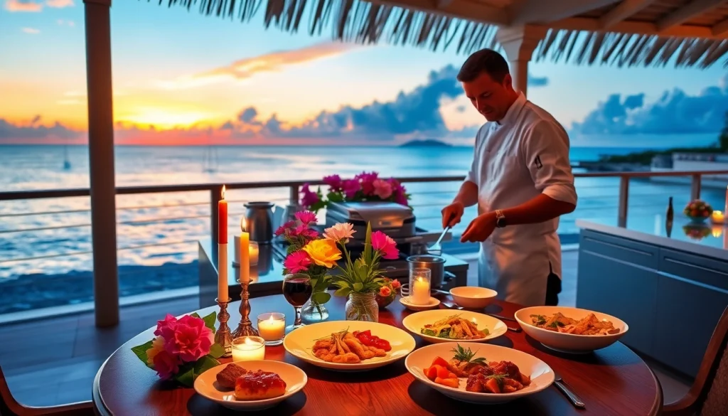 Private chef Sint Maarten creating a gourmet dining experience in an elegant villa.