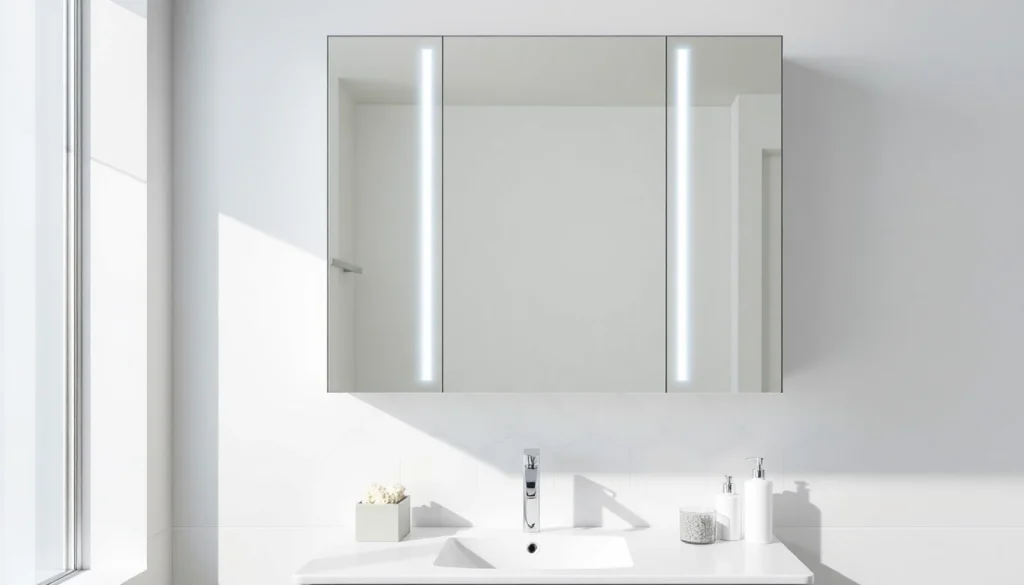 Spiegelschrank mit LED Beleuchtung im modernen Badezimmer mit eleganter Anordnung und Beleuchtung.