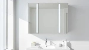 Spiegelschrank mit LED Beleuchtung im modernen Badezimmer mit eleganter Anordnung und Beleuchtung.