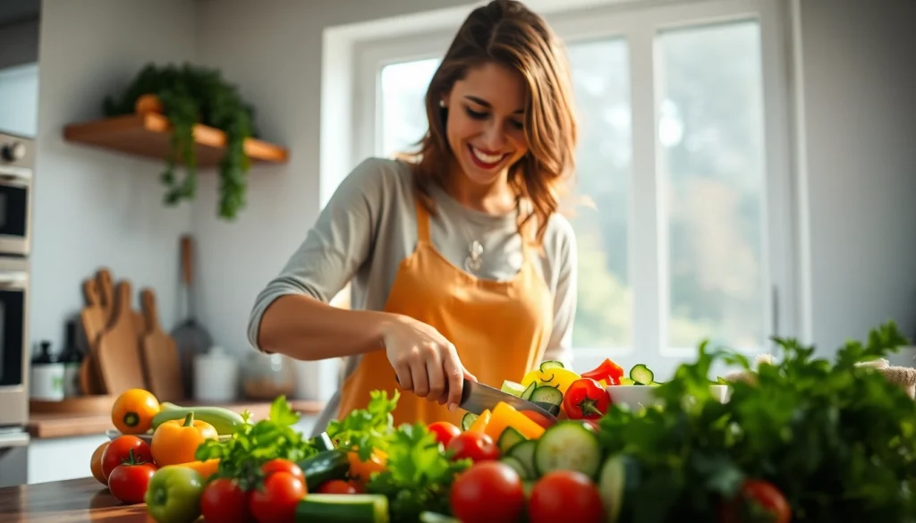 Prepare healthy meals with vibrant ingredients at https://healthyvix.com in a sunlit kitchen setting.
