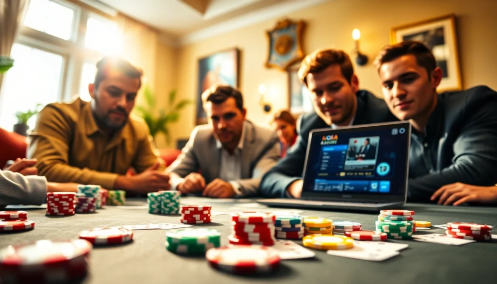 Menggambarkan pemain terfokus dalam domino88 login poker game dengan suasana kompetitif yang energik.