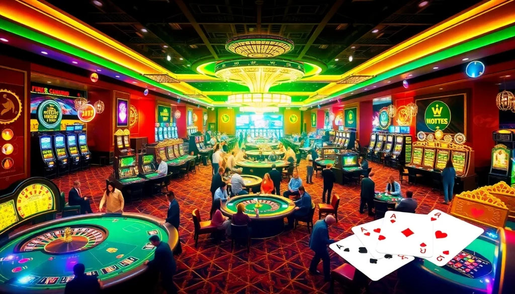 A lively casino scene showcasing the thrilling atmosphere of gambling, highlighting KJC AC 1's innovative gaming experience with roulette tables and poker.