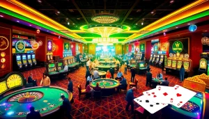 A lively casino scene showcasing the thrilling atmosphere of gambling, highlighting KJC AC 1's innovative gaming experience with roulette tables and poker.