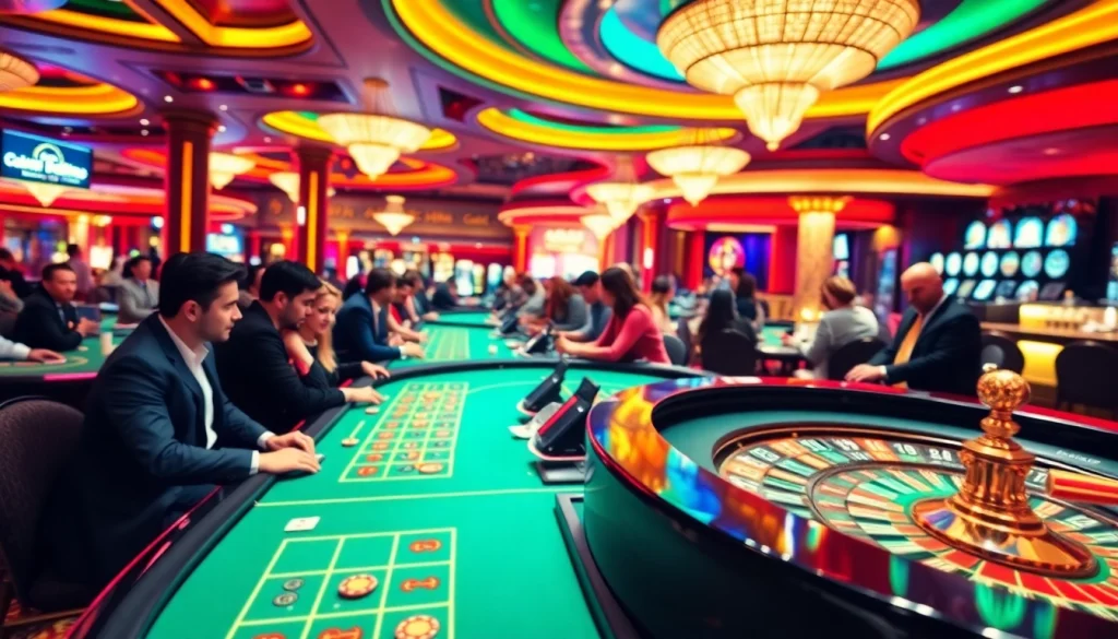 คาสิโนที่มีผู้คนสนุกสนานเล่นเกมต่างๆ ในบรรยากาศที่มีชีวิตชีวา