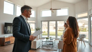 Real Estate expert showcasing a modern home to potential buyers in a bright setting.