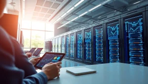 Cloud mining technology showcased in a modern workspace with digital interfaces and servers.