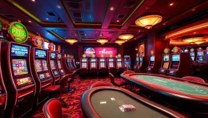 Engaging casino scene at rr88.com with vibrant slot machines and lively gaming tables.