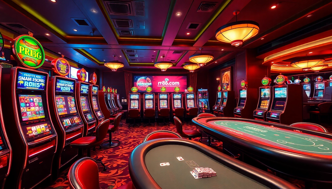 Engaging casino scene at rr88.com with vibrant slot machines and lively gaming tables.