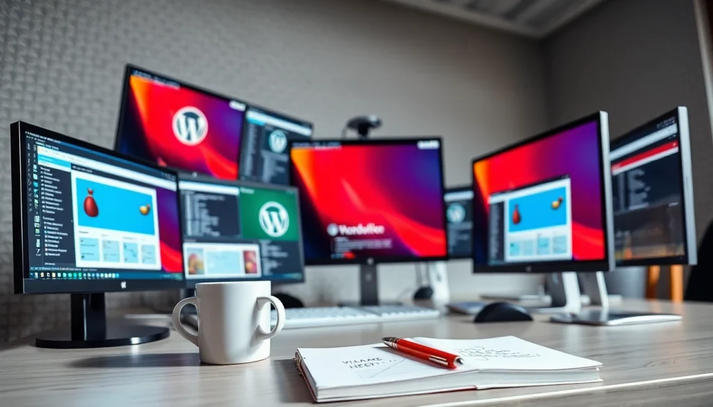 Efficient workspace focused on unlimited WordPress tasks with vibrant displays and creative elements.