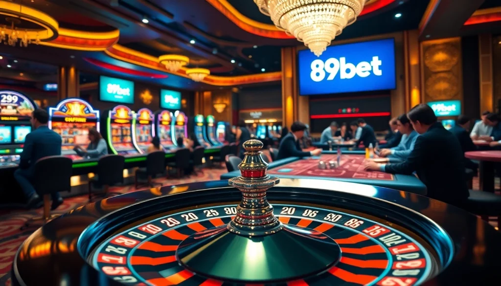 Experience the thrill of gambling at 89bet with lively poker tables and illuminated slot machines.