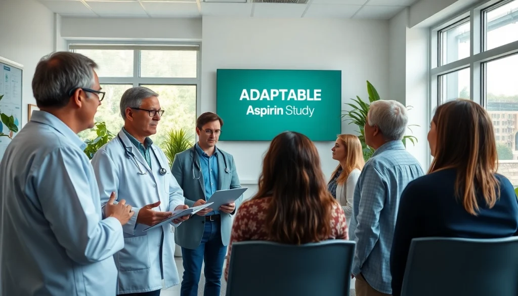 Engaged discussion illustrating the ADAPTABLE Aspirin Study research findings among professionals in a bright modern setting.