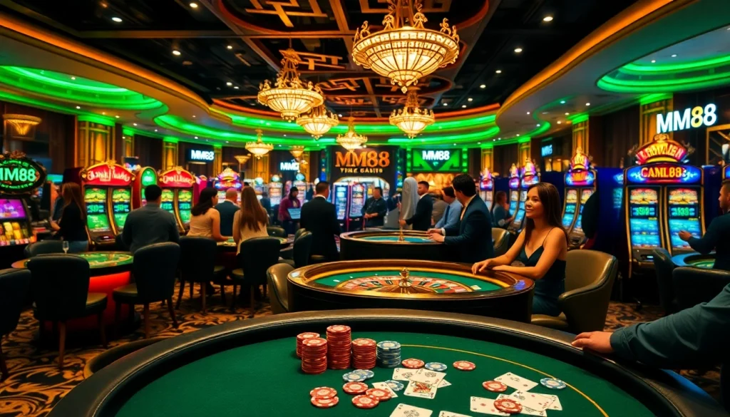MM88 casino scene featuring lively poker games, vibrant slot machines, and enthusiastic gamblers.