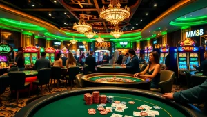 MM88 casino scene featuring lively poker games, vibrant slot machines, and enthusiastic gamblers.