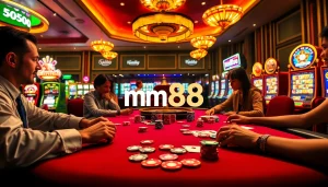Experience high-stakes excitement at mm88's poker table with players in action, vibrant chips, and flashing slot machines.