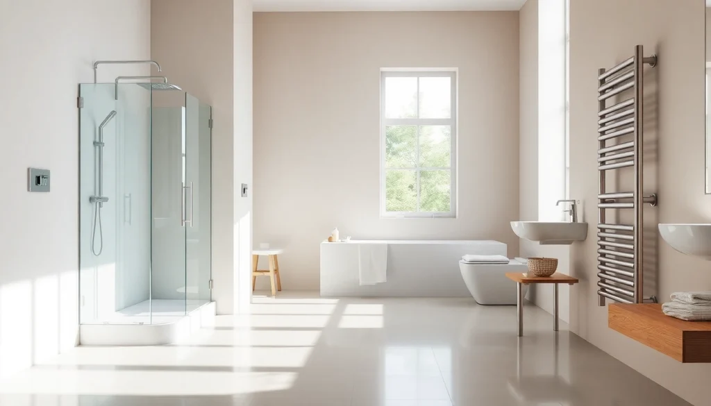 Sonni sanitär Produkte in modernem Badezimmerdesign präsentieren stilvolle Duschkabinen und Heizkörper.